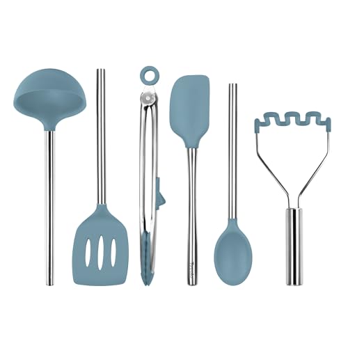 Image of Tovolo Silicone Cooking Utensil Set of 6 Blue Slate Ladle Slotted Turner Tongs Flex Core Spatula Scraper Mixing Spoon and Potato Masher, Dishwasher Safe BPA Free Silicone Kitchen Utensils
