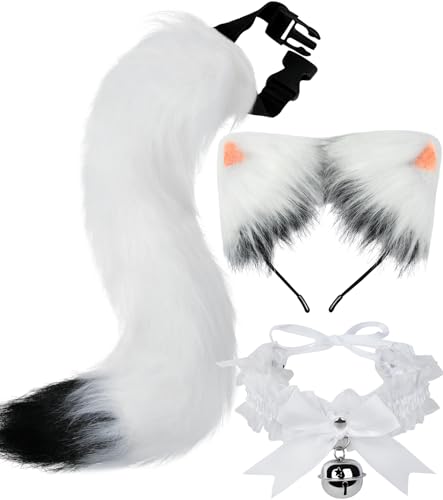 Cat Wolf Fox Ears and Tail Costume Set with Bell Lace Choker