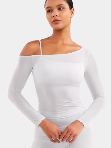 YEOREO Women Sheer Long Sleeve Crop Top Workout See Through One Shoulder Yoga T Shirts Summer Party Club Going Out Top3