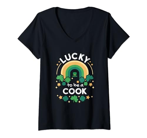 Damen St. Patrick's Day Lucky Cook Chef Baker Job Kleeblätter Irish T-Shirt mit V-Ausschnitt