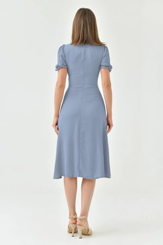 Image of Shasmi Girl's & Women's Solid Midi Dress - Elegant Square Neck Button-Down Dress with Puff Short Sleeves | Stylish Casual & Party & Office Wear Outfit (Dress 105)