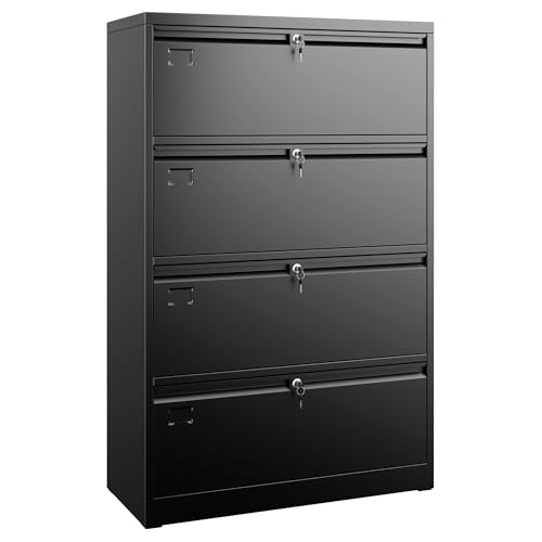 Aobabo 4 Drawer Wide Lateral File Cabinet, Metal Filing Cabinet with Lock, Suitable for Home Office School Hanging Files Letter/Legal/F4/A4 Size,Black,Required-Assembly,15.87″ D x 28.94″ W x 57.17″ H