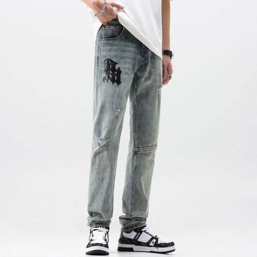 Jeans Pants Trousers Denim Summer Washed Distressed Embroidered Zipper High Street Slim Fit Men's Long2