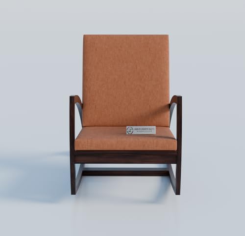 Image of Jangid Handicraft Solid Sheesham Wooden Rocking Chair for Living Room | Lounge Chair for Bedroom | Contemporary Swing Arm Chair for Balcony | Modern Arm /Sofa Chair | Orange Cushion & Walnut Finish