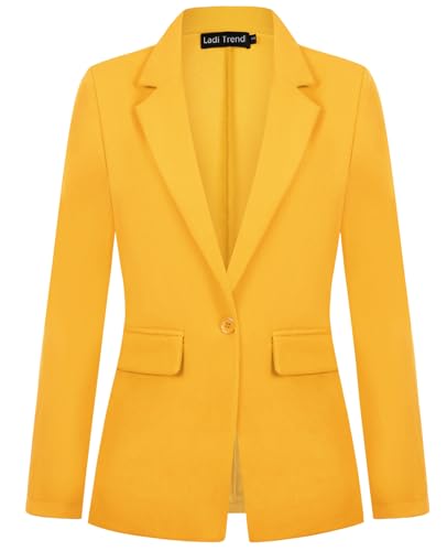 Blazers for Women Notched Lapel Long Sleeve One Button Jacket Suits with Pockets Tailored Workwear(Yellow XL)