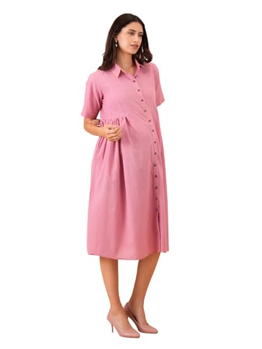 Image of The Mom Store Maternity & Nursing Midi Dress for Women | Pregnancy & Postpartum Wear | Cotton Flex Dress for New Mom | Trendy Stylish Comfortable Feeding Dress for Womens | Causal Office Formal Wear