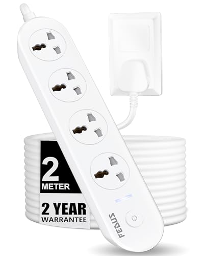 Image of FEDUS Surge Protector, 4 Universal Sockets with Individual Switch, 2 Meter 6.5 Feet Long Cable, Extension Board Cord, Automatic Overload Protection, Fireproof Power Strip Switch Board, Spike Guard