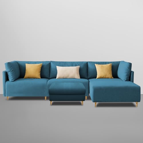 Image of Carina RHS 4 Seater L Shape Sofa Set with Center Table for Living Room (Turquise Fabric) Premium Fabric Sofa