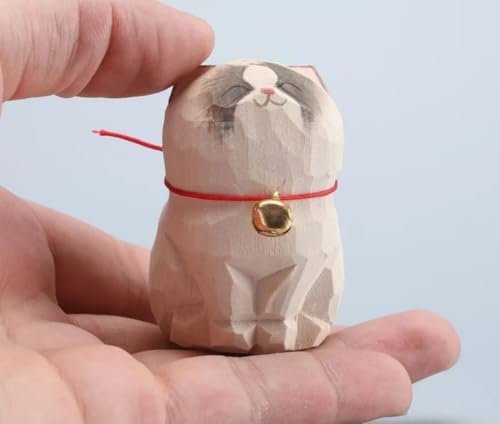 INF-STAR Handcrafted Wooden Ragdoll Cat Figurine 2.2 Hand-Carved Cat Statue Mini Wooden Cat Sculpture Decorative Home Dcor Accent Collectible Display Figurine