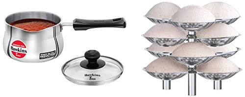 Hawkins Stainless Steel Idli Stand - 12 Idlis, Silver (Ssid5) Induction Compatible Tpan (Saucepan) With Glass Lid, Capacity 1.5 Litre, Thickness 4.7 Mm, Silver (Sst15G), 1.5 Liter