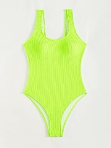Image of Limeeke Women One Piece Swimsuit Solid Ribbed Monokini Swimwear Scoop Neck Low Back Bathing Suit