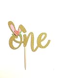 1 pc Flowers Bunny Ear ONE Gold Glitter Cake Topper for Birthday Baby Girl Some Bunny is One theme
