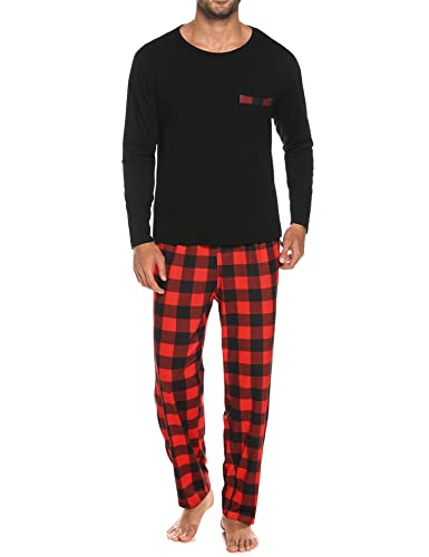 Sykooria Schlafanzug Herren Lang mit Bündchen Zweiteiliger Karierter Pyjama Set, Langarm Shirt & Schlafanzughose aus Baumwolle, D-Rot+schwarz, M