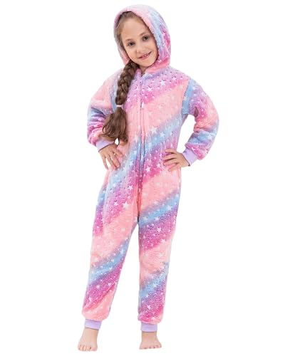 KAKU NANU Mädchen Onesie Kinder Regenbogen Einhorn Onesie Flauschiger Fleece Jumpsuit Kleinkind Schlafanzug Einhorn Rosa Lila Geschenke für Mädchen Alter 7 8 Jahre