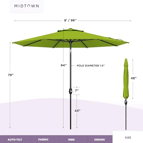 Image of Midtown Umbrellas - 10-Year-No-Fade 8 Ft Patio Umbrella with Terylast Fabric, Auto-Tilt Aluminum Frame and 8 Reinforced Ribs for Deck, Pool, Garden & Beach - Pear Green Canopy, Black Pole