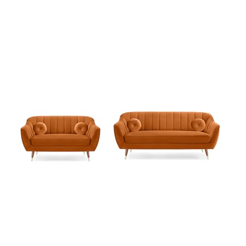 Image of AMATA Marino Solid Wood 3+2 Seater Orange Suede Velvet Fabric Sofa Set with Two Cushions Perfect for Home Office Guests Living Room (04 Orange, 3+2 Seater)(3 Year Warranty)