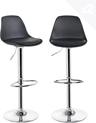 Lot de 2 tabourets de Bar, Tabouret de Bar en Cuir synthétique réglable en Hauteur,tabourets de Bar Cuisine Design SIG,Réglable en Hauteur et Rotative à 360°--Noir-2pc