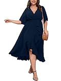 SCOMCHIC Women Plus Size Maxi Dress Short Sleeve Wrap V Neck High Low Split Ruffle Long Dress Navy Blue