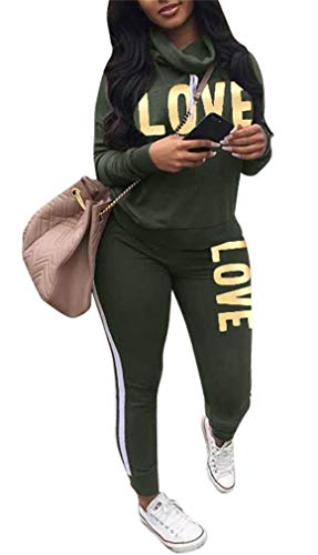 Women's Letter Print 2 Piece Outfits Jogging Suit Set Cowl Neck Long Sleeve Sweatshirt Tracksuit Sweatsuits Set Green