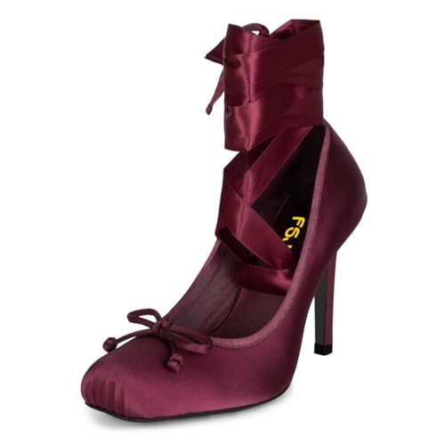 FSJ Women Square Toe Bow Tie Satin Ballet High Heel Sexy Lace-up Stiletto Pumps Elegant Mary Janes Party Shoes Size 4-16 US