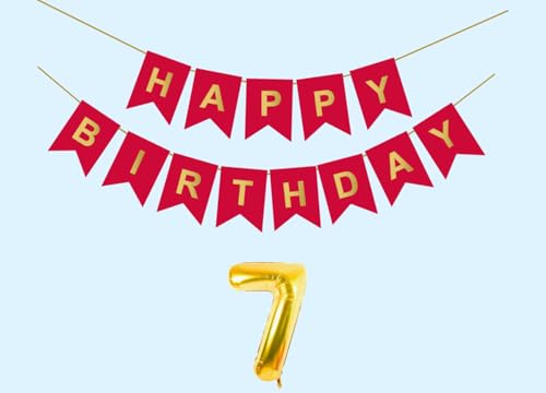 Image of 7th Happy Birthday Decoration Kit Red for 7 year Old Boys Girls Kids with Number Seven Party Decorations Decor Celebration Items Item Set Combo Reusable Paper Banner
