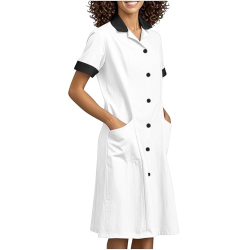 Womens Housekeeping Maid Uniform Dress Button Down Scrub Dresses Workwear Pocket Short Sleeve Loose Dresses 2025