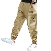 Rolanko Boys Joggers Cargo Pants with Pocket Elastic Waist Kids Cargo Trousers 4-14 Years (Khaki, 8-10)