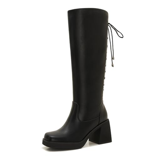 Wide Calf Knee High Boots for Women – Plus Size Chunky Heel Boots with Adjustable Lace-Up Back