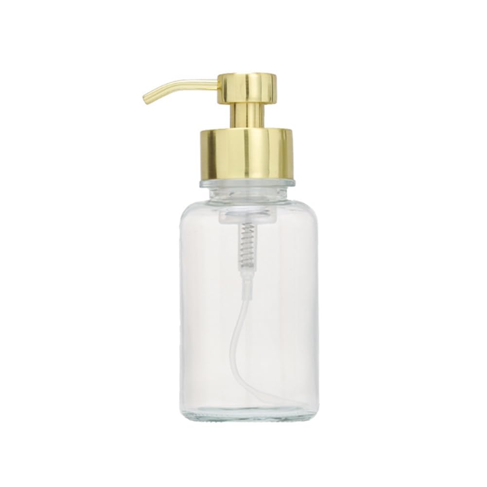 Dispensador de jabón redondo de vidrio transparente vacío de 250 ml con bomba dorada, recargable, para encimera, loción de manos, contenedor de botella para cocina y baño