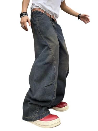 DFGIGT Mens Irregular Sutures Y2k Hip Hop Baggy Jeans Wide Leg Denim Pants Casual Loose Fit Trousers Streetwear Jinco 2000s Extreme Motion Relaxed Skater Skateboard C10 Haze Blue XX-Large