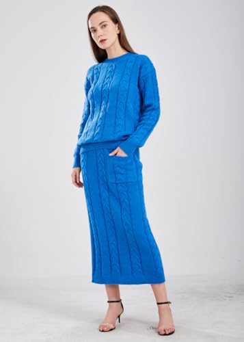 Image of chouyatou Women Winter Casual Chunky Cable Knit Long Pencil Skirt 2 Piece Outfit Oversized Pullover Sweater Sets
