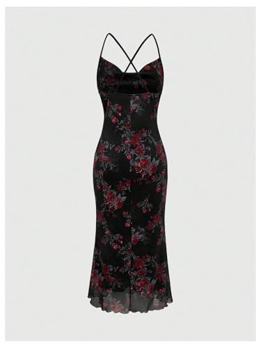 Image of SOLY HUX Women's Floral Mesh Bodycon Cami Dress Cowl Neck Sleeveless Cocktail Party Wedding Guest Long Maxi Dresses
