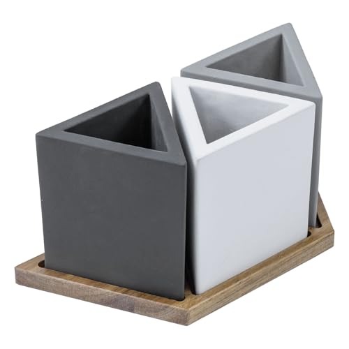 Image of MyGift Modern Concrete Desk Organizer Set with 3 Triangular Gray-Tone Pen Holders and Acacia Wood Tray, 4-Piece Office Storage Solution for Pens, Pencils, and Supplies