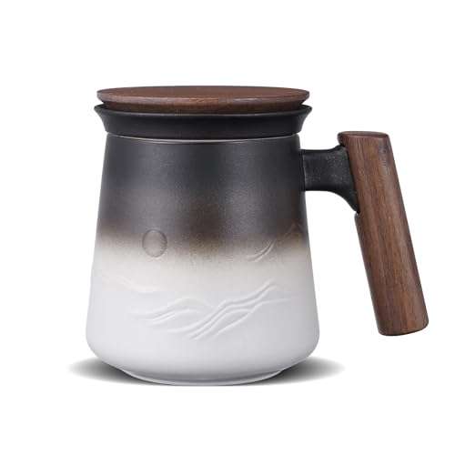 ZENS Tea Mug with Infuser and Lid 430ml Embossed Ceramic Tea Cup with Strainer for Hot Tea Diffusers, Wooden Handle Loose Tea Cup, Tea Accessories
