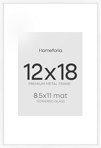 Image of Homeforia 12x18 Picture Frame White, High End Metal 12x18 Poster Frames with Mat 8.5x11 Photo, 12 x 18 White Frames Matted to 8.5 by 11 inch Print, 18x12 Thin Frame, Tempered Glass, Wall Kit, Set of 2