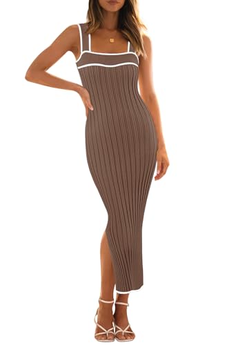 Image of MEROKEETY Womens Summer Striped Bodycon Midi Dress 2026 Beach Vacation Sleeveless Tank Ribbed Knit Baby Shower Sweater Dress