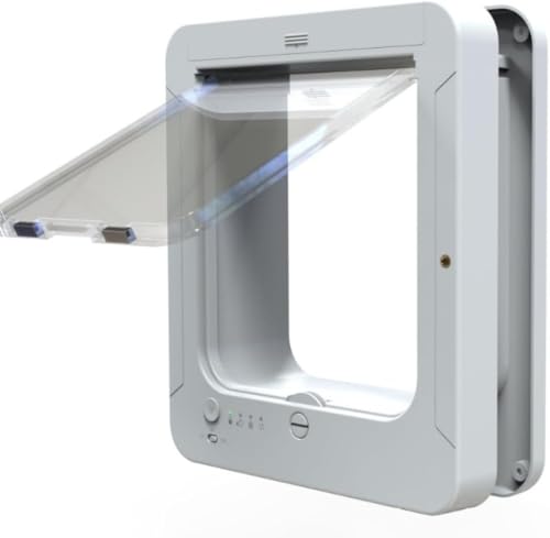 ZMBJ スマートキャットドア、マイクロチップキャット、開口部サイズ：7.7 * 8.3インチ、猫や小型犬に適しています新しい猫猫の穴自動センサーは、ペット猫犬小屋の出入り口の方向を制御できます (ホワイト)