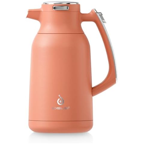 IDEUS 68 oz Stainless Steel Thermal Coffee Carafe, Double Wall Insulated Vacuum Flask, Water Coffee and Beverage Dispenser, 12 Hour Heat 24 Hour Cold Retention, Coral Red Cover