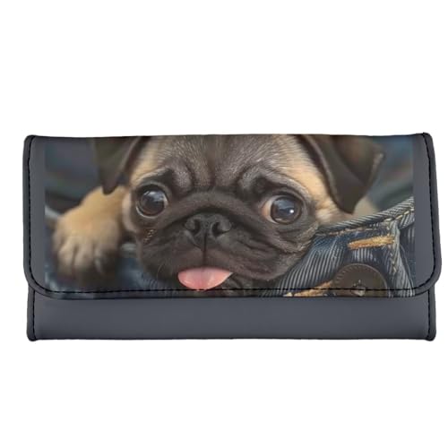 Jeans Pocket Pug Zipper Coin Purse Card Cases Holder for Women, Novelty Puppy Dog Slim Long Wallet Extra Capacity Card Holder, With ID Window2