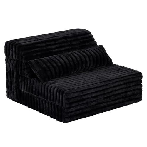 Image of Tiita Folding Sofa Bed Twin Size, Convertible Sleeper Chair Mattress with Pillow, Thick Corduroy Floor Mattress Couch Bed with Side Pocket, Guest Room, Dorm, Apartment, Balck