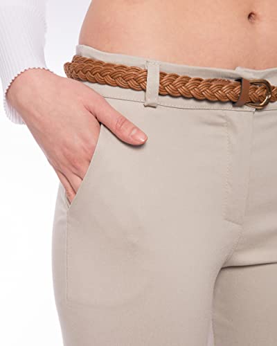 Kendindza Chino Damen Hose Stretch mit Gürtel Stoffhose Damen elegant lang (L, Khaki)