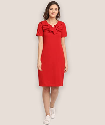 Image of OOMPH! Women's Western & Fusion wear Above Knee /Mid Thigh Length Sheath Red Dress in Lycra Blend Fabric with V Neck and Short Sleeve