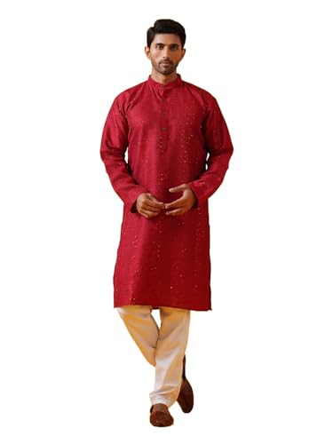 Image of SOJANYA (Since 1958 Men's Silk Bend Krochet Thread Embroidered Kurta with White Pyjama