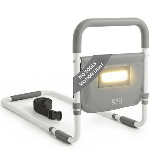 Bed Rails for Elderly Adults Safety with Night Light & Storage Bag Height Adjustable Bed Assist Rail for Seniors & Post-Surgery Non-Slip Bedside Handle Fits King Queen Full & Twin Beds
