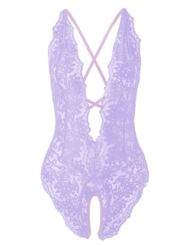 Image of SOLY HUX Women's One Piece Lingerie Sexy Lace Babydoll Deep V Teddy Criss Cross Backless Teddy Mini Bodysuit
