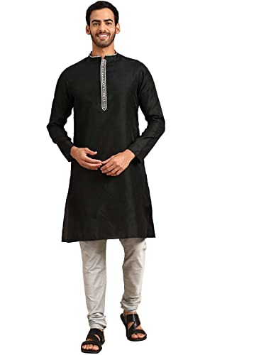 Image of Men's Black Art Silk Regular Fit Ethnic Motifs Kurta | Indian Kurta | Festive Ethnic Kurta with Embroidered Packet