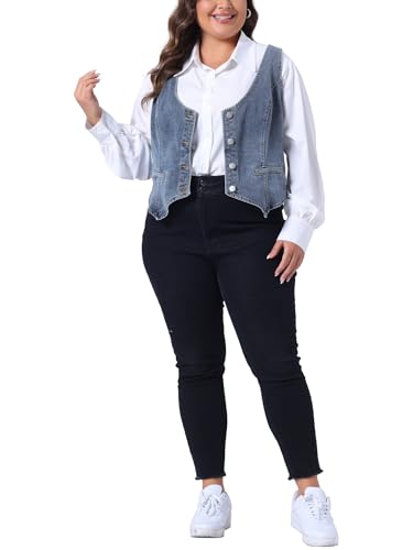 Agnes Orinda Plus Size Denim Vest Top for Women Button Down Waistcoat Casual Sleeveless Jean Jacket Vests3
