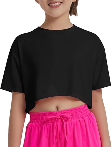 Image of EXARUS Girls Athletic Shirts Quick Dry Workout Split Back Crop Tops 6-14Y | Tween Athletic Sports Soccer Activewear Gym Running Dri Fit Teen Tennis Performance Hiking Short Sleeve Tees Kids 6-14Y