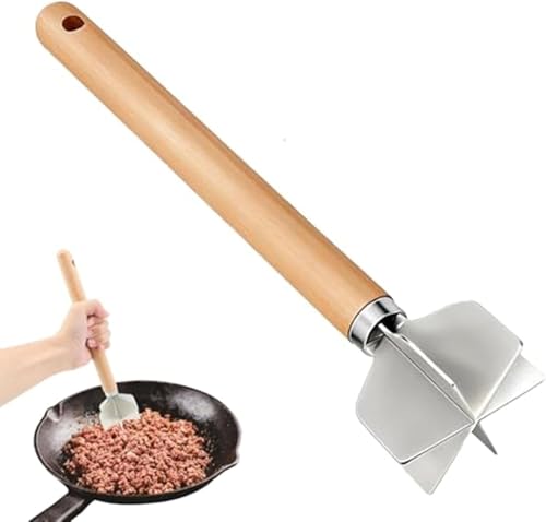 Picadora de carne de acero inoxidable, mango de madera natural, triturador de carne molida de carne de metal con cabezal de seis cuchillas, mazo manual para alimentos complementarios para bebés (A)
