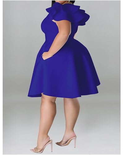 Image of IyMoo Women's Plus Size Cape Flutter Sleeve Stretchy A Line Swing Flared Skater Cocktail Party Dress with Pockets